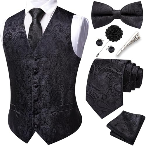 Barry.Wang Juego de chalecos formales para hombre con diseño de cachemira, corbata, moño, clip, pañuelo, gemelos, pin de solapa, para boda, 8 piezas, Paisley negra., L