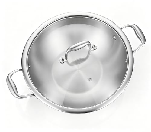 Nontoxicook Tri-Ply Stainless Steel Wok Pan with Lid, Fast & Even Heat, 30cm (12inch) Stir Frying pan, Induction Saute Pan, Cooking Pan, Broiler Safe 315℃