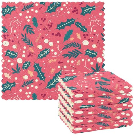 Paño de microfibra para pintura al óleo con bayas de acebo navideño, 6 piezas, paños de cocina de secado rápido, trapos absorbentes para estufa, 11 x 11 pulgadas