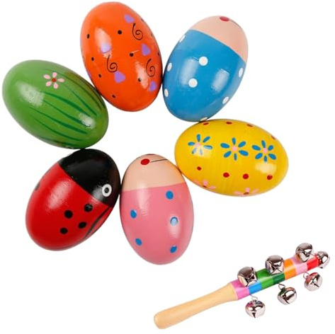 6 Stück Eier Shaker Set, Musikinstrument Egg Shaker, Holz Ei Maracas Shakers, Eier Maracas, mit 1 Kreuzrassel, Percussion Musical für Party, Geeignet für Berufstätige