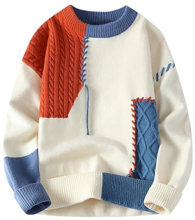 Knitted Jumper Mens Patchwork Color Block Jumpers Vintage Cable Knit Sweater Round Neck Knit Sweaters Causal Loose Sweatshirts Thermal Long Sleeve Tops Warm Pullover Knitwear Orange