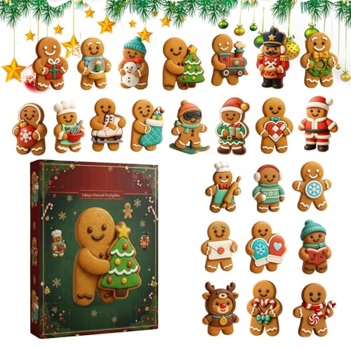Lebkuchenmann Adventskalender 2025, 24 Tage Mini Lebkuchenmännchen Ornament Countdown Kalender, Verschiedene Designs 2D Acryl Lebkuchenmännchen Anhänger Dekoration, Für Haustür, Kaminsims(A)