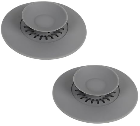ZORVYN 2 Pezzi Universali Tappi di Scarico in Silicone, Tappo Lavandino e Vasca da Bagno con Funzione Pressa e Filtro per Capelli, Pratico Scarico per Lavandini, Vasche da Bagno e Lavelli (Grigio)