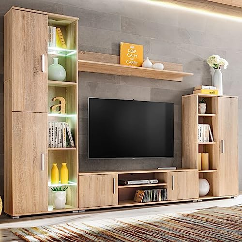 CKioict Parete Attrezzata Porta TV con Luci LED Rovere Sonoma Moderna Sistema di Archiviazione per Salotto, Composta da Due Armadi Laterali, Mobile TV e Mensola, Realizzata in Legno