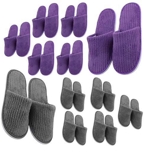 GOEDCH 10 par korallfleecetofflor: Lila och grå spa tofflor, korallfleece gästtofflor, tvättbara bomullstofflor unisex, hotelltofflor för wellness, resor, badrum