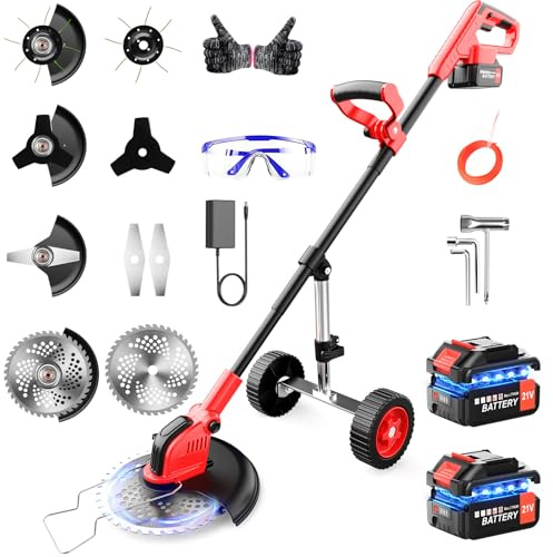 Desbrozadora inalámbrica con 2 baterías de 3.0 Ah, recortadora de césped de 800 W y cortador de cepillo inalámbrico con ruedas mejoradas, recortadora eléctrica de 20000 RPM con cuchillas de metal