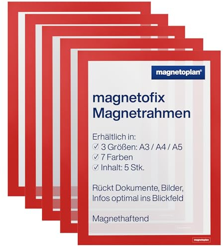 magnetoplan magnetofix Magnetrahmen, 5 Stk., Rot | Format: A4 | Magnethaftender Rahmen für Dokumente + Bilder | Magnetischer Inforahmen für Büro, Schule, Lager + Werkstatt