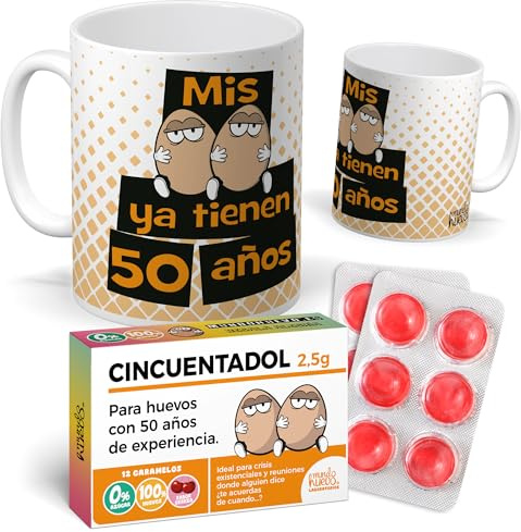 mundohuevo Pack Regalo 50 Años Hombre| Taza Divertida Mis Huevos ya tienen 50 Años + Caramelos de Broma Cincuentadol | Detalle Original y Gracioso para Cumpleaños Especial