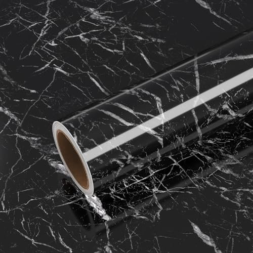 VEELIKE Rollo de Papel Pintado de mármol con Parte Trasera Adhesiva, 40 cm x 900 cm, Papel de Contacto con Efecto mármol, Negro, Lavable, película autoadhesiva para Cocina, Dormitorio, Sala de Estar
