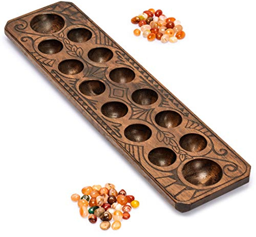 Yellow Mountain Imports Mancala set med 44 centimeter massiv träskiva och kvarts sten speldelar