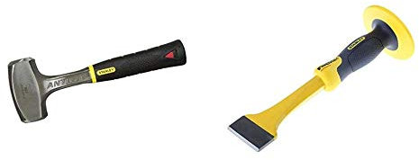 Stanley Fäustel Antivibe (vibrationsdämpfung, Stahlstiel, thermoplastischer Gummigriff, Kopflänge 100 mm) & FatMax Fliesenmeißel – Handlicher, starker Meißel aus Chrom-Vanadium-Stahl mit Handschutz