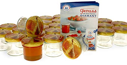 MamboCat 50er Set Einmachglas 125 ml I Schöne Rundgläser Einkochgläser mit Schraubdeckel mit Honigwabe als Honiggläser UVM I Twist Off to 66 I Aufbewahrungsgläser mit Deckel I inkl. Rezeptheft