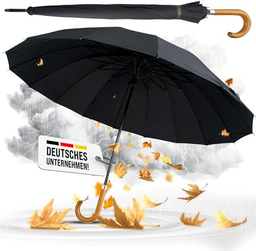 La Farrell Umbrella, Golf Umbrella, Stick Umbrella, Large, Black, Windproof, Automatic Opening, Size XXL, 54 Inch, Extra Strong, for Men and Women, for 1-2 Person, Wooden Handle, 16 Ribs