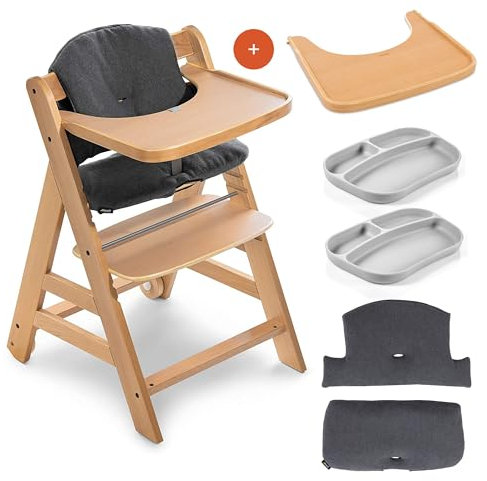 hauck Hochstuhl Alpha Move für Kinder ab 6 Monaten - inkl. Essbrett, Sitzauflage (Charcoal), 5-Punkt-Gurt und Essteller - Babystuhl mit Rollen aus Holz (FSC® zertifiziert) - mitwachsend & verstellbar