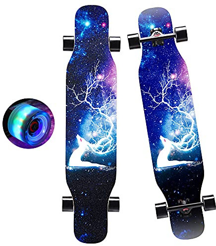 Longboard 43 Zoll, Komplettes Skateboard mit LED-PU-Rädern und Schutzausrüstung, 7 Etagen Ahornholz Longboard für Anfänger Kinder, Teenager, Jungen, Mädchen und Erwachsene (Elch)