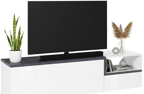 Dmora - Meuble TV Lapo, Buffet bas de salon avec 2 portes, Base pour meuble TV, 100% Made in Italy, 160x40h46 cm, Blanc brillant et ardoise