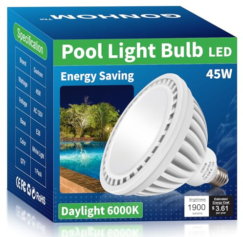 Gonhom LED Pool Light Bulb,E26 Base 120V Daylight White 6000K Pool Lights, 45W LED Swimming Pool Light Bulb Replaces Up to 200-600W Traditionnal Bulb,Non Dimmable