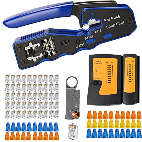 MAYLINEE CAT5/RJ45 Alicates de Kit Juego de Herramientas de Crimpado Cable de la Red, Network Tool LAN Pelado CAT5 CAT6, 8P 6P Kit de Conector Pelacables de 50 Conectores(Gris)
