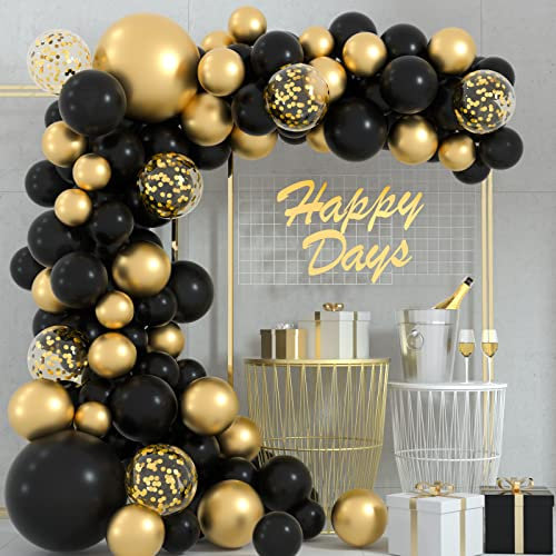 FEPITO 108 Pcs Or Noir Ballon Guirlande Arch Kit 5 10 12 18 Pouces Métallique Or Noir Confettis Ballons pour Anniversaire Mariage Nuptiale Baby Shower Graduation Fête Décorations