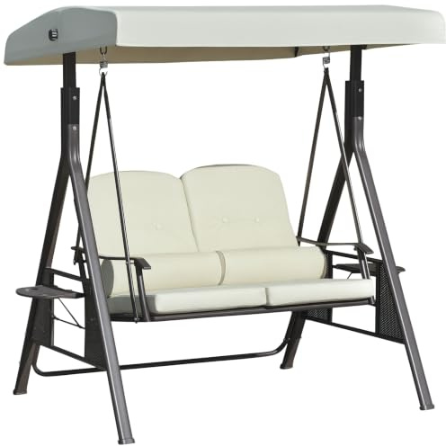 Outsunny 2-Sitzer Hollywoodschaukel Gartenschaukel mit Sonnendach Kissen Tablett Metall Polyester Beige 162 x 118 x 173 cm