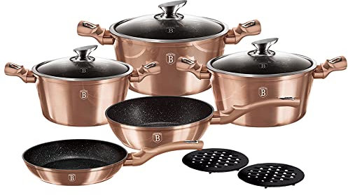 Berlinger Haus Roségold Induktionskochtopf, 10 Stück, antihaftbeschichtet, Marmor ohne PFOA, Aluminium, Set 3 Töpfe, 3 Glasdeckel, 2 Pfannen, 2 Tischdecken, Metalldesign, Glaskeramik