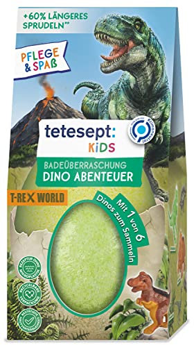 tetesept KIDS Badeüberraschung Dino Abenteuer - 6 x 188 g - Sprudelnde Badekugel mit fruchtigem Limettenduft und Dino-Sammelfigur - Dinostarker Badespaß und grünes Wasser
