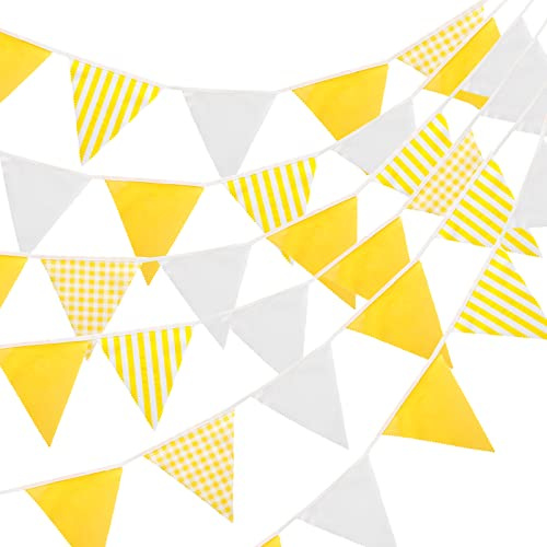 jijAcraft 12M Stoff Wimpel Outdoor Girlande, Wimpelkette Streifen Gelb Bunting Stoffgirlande mit 42 STK Farbenfroh Wimpeln für Hochzeits Geburtstag Garten Party