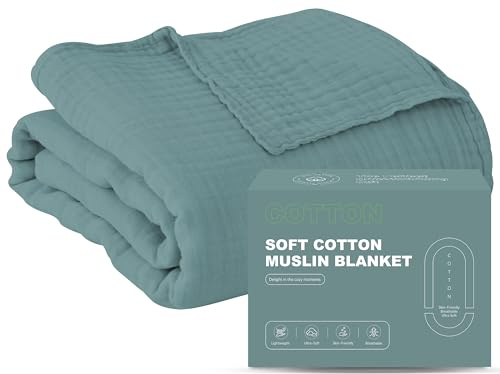 Cosy Family 100% Cotton Muslin Bed Blanket - Breathable and Lightweight Gauze Boho Blanket for Spring, Green, 80x90 Inches