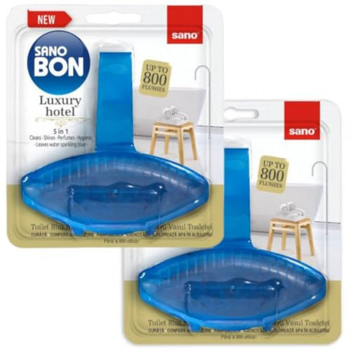 SANOBon Blue Luxury Hotel | 5 in1 Toilet Rim Block | Cleans - Shines - Perfumes - Hygienic - Leaves Water Sparkling Blue | Up to 800 Flushes | 55g (Pack of 2)