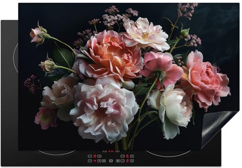 KitchenYeah© Protection Pour Plaque Induction Deco Cuisine Protégé Cache De | 78x52 cm - Cuisson Vitroceramique Fleurs - Roses - Blanc - Rose - Botanique - Plantes