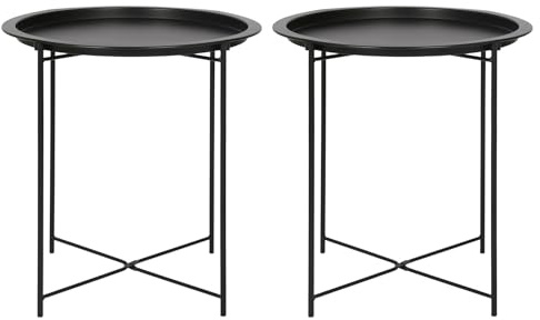 Harbour Housewares Round Tray Tables with Removable Trays - Pack of 2 - Matte Black Steel Bed Side Table Raised Lip Serving Board Compact Collapsible Folding Table for Bedroom, Home and Office