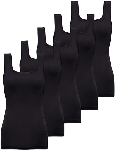 BQTQ 5 Pcs Tank Top Stretch Damen Unterhemden Basic Top Elastische Unterhemd mit Quadratischem Ausschnitt Unterhemden Ärmellos für Frauen Mädchen (Schwarz, M)