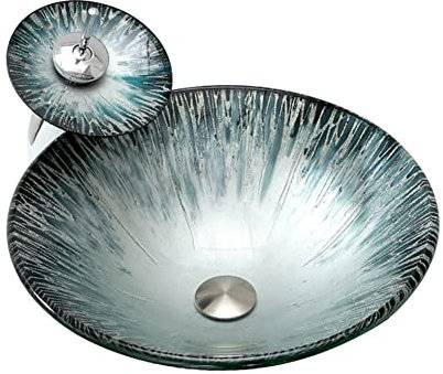 KJSHXYG Badezimmer-Waschbecken, Wasserhahn-Glaswaschbecken für Badezimmer-Waschbeckenschrank, gehärtetes Glas über der Theke mit Wasserhahn-Pop-up-Ablauf und Wasserschlauch