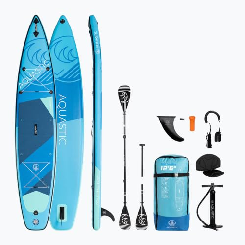 AQUASTIC Touring Brett 12'6 SUP Pneumatische Allround mit den Maßen 381x78x15 cm mit Sitz und Paddel Zum Schwimmen Für Ausflüge Mundgeblasen Dropstitch MSL Set Blau|Rot|Gelb