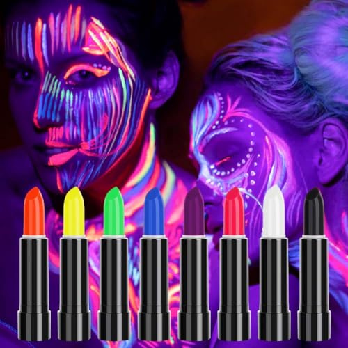 Aomig UV Bodypainting, 8Pcs Neon Tragbare Malstifte Kinderschminke Set, Leuchtende Gesichtsmalstifte UV Glow Schminkstifte für Kinder Waschbar Schminkstifte Schminkfarben Face Paint Halloween Karneval