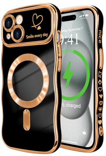 LCHULLE for iPhone 15 Case for Women Girls [Compatible with MagSafe] Cute Curly Wave Shape Love Heart Pattern With Camera Lens Cover,Plating Shockproof Magnetic Phone Case,Black | [Compatible with MagSafe] Cute Curly Wave, Love Heart Pattern with Camera Lens Cover Luxury Plating Shockproof Phone Case