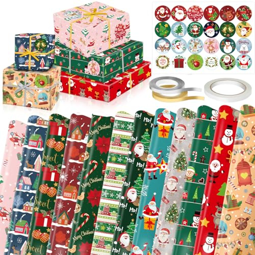 Shinybox Papel Regalo Navidad, 12 Hojas Papel Regalo Navidad Kraft con 24 Pegatinas de Navidad, Papel Regalo Navidad Infantil para Envolver Regalos, Papel Regalo Navideña para Familias, Amigos(B)