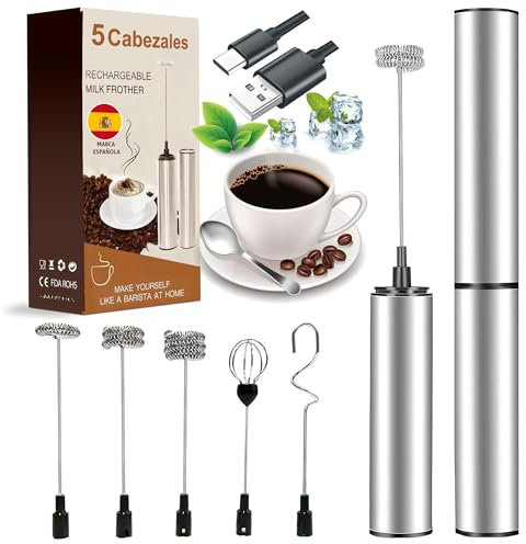 Espumador de Leche Recargable 5 Cabezales Versión 2025 | Batidora de Varillas | Mezclador de Proteinas | Mixer | Milk Frother | Batidor te Matcha | Mini Batidora | Batidora de Leche Espuma