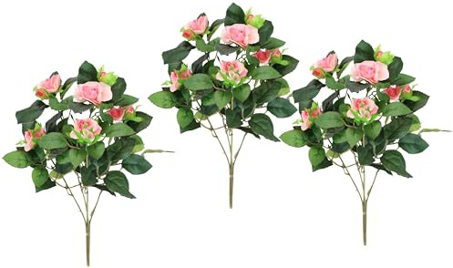 Flair Flower Künstlicher Rosenbusch 34cm 3er Set Kunstrose Seidenrose Kunstblume Blume Strauß Bouquet Rosen Rosenbouquet Wildrose Blumenstrauß Busch Blumendeko Hochzeitsdeko, Rosa