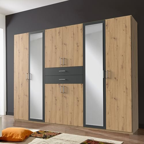 Lomadox Schlafzimmer Kleiderschrank Drehtürenschrank 270cm in Eiche und Graphit, mit 8 Türen, 2 Schubladen, 2 Kleiderstangen