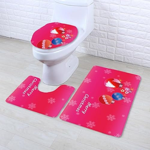 Bad Teppiche Set Rosa Blaue Kugeln Badezimmerteppich Waschbar WC Vorleger mit Ausschnitt und WC Deckelbezug 3 Teilig Badematte rutschfest Toilettensitzbezug Badgarnitur 45x75 cm