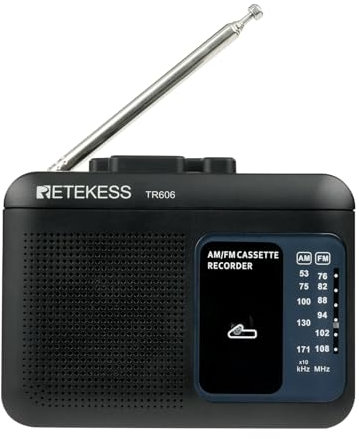 Retekess TR606 Registratore a Cassetta Portatile,AM FM Radio,Piccolo e Leggero,Jack per cuffie da 3,5 mm,Avanzano Rapidamente e Ritorna,Regali di Natale (Nero)