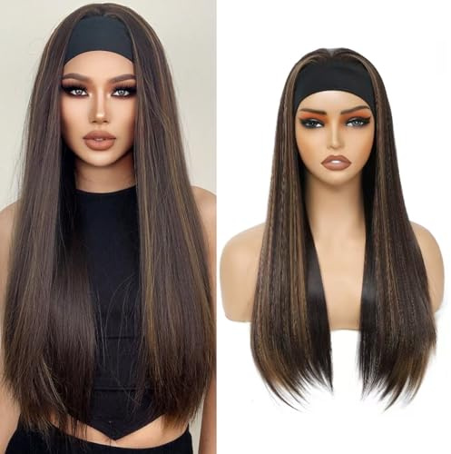 Yacurcur Headband Wigs Silky Straight Hair Glueless Headband Wig None Lace Front Hair Headband Wig Synthetic Straight for Women 150% Density Brown with Highlight Color 28 Inch