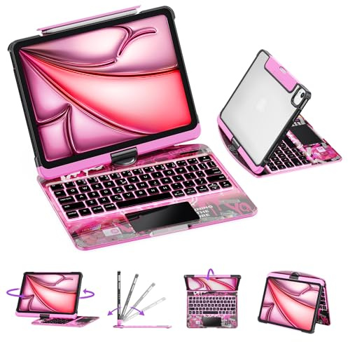 GUSGU Transparent Case with Wireless Keyboard only for 2024 iPad Pro 13-in.(M4), 7 Colors Backlight, Trackpad, 360°Rotating Stand for iPad Pro 13, Tech Style