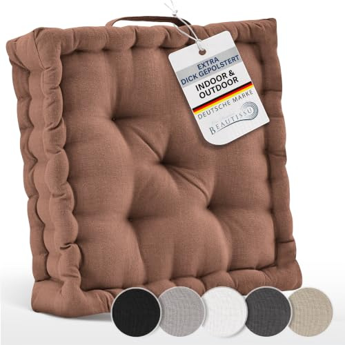 Beautissu 2er Set Bodenkissen Sitzkissen aus Baumwolle mit Tragegriff | 50x50cm 10cm dickes Matratzenkissen Braun 100% Stuhlkissen extra dicke Sitzauflagen Boden Indoor Outdoor Sitzpolster Mila