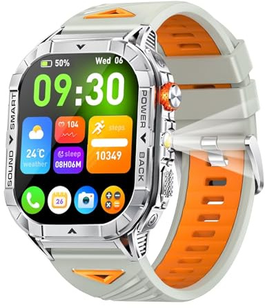 Smartwatch Herren mit Taschenlampe Blutdruckmessung Lange Akkulaufzeit Telefonfunktion Gesundheitsuhr Sportuhr Schrittzähler Uhr für Android iOS Schrittzähler Laufuhr Pulsmesser Schlaftracker