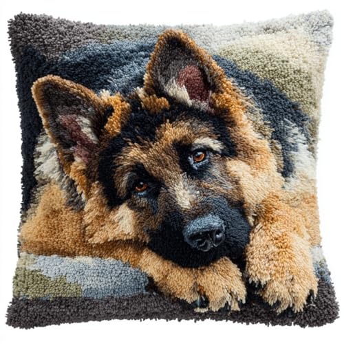 XDEGHUANGSS German Shepherd Latch Hook Craft Kits,17x17in Needlework Cushion Cover Color Printed Dog Canvas Pattern Crochet Hooked Pillow Cover Kit DIY Cross Stitch Cushion for Beginners