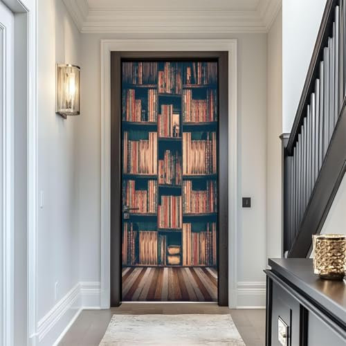 Tizhweqo Türtapete Selbstklebend 80x200 Bücherregal Türfolie Türposter Bücherregal Fototapete Türklebefolie Wandbild Türaufkleber Wandtapete 3D Effekt für Wohnzimmer Schlafzimmer Küche 2099a