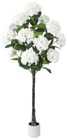 YEPDIN 5 FT Artificial Hydrangea Tree- Large Faux Hydrangea Plants Indoor Outdoor，Fake Flower Trees with White Tall Planter for Home Garden,Front Decor