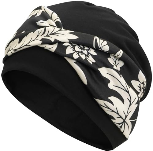 LIMHOO Women's Bohemian Floral Print Cross Turban Hat Stretchy Headwrap Beanie Cap for Chemo Hair Loss (Black)